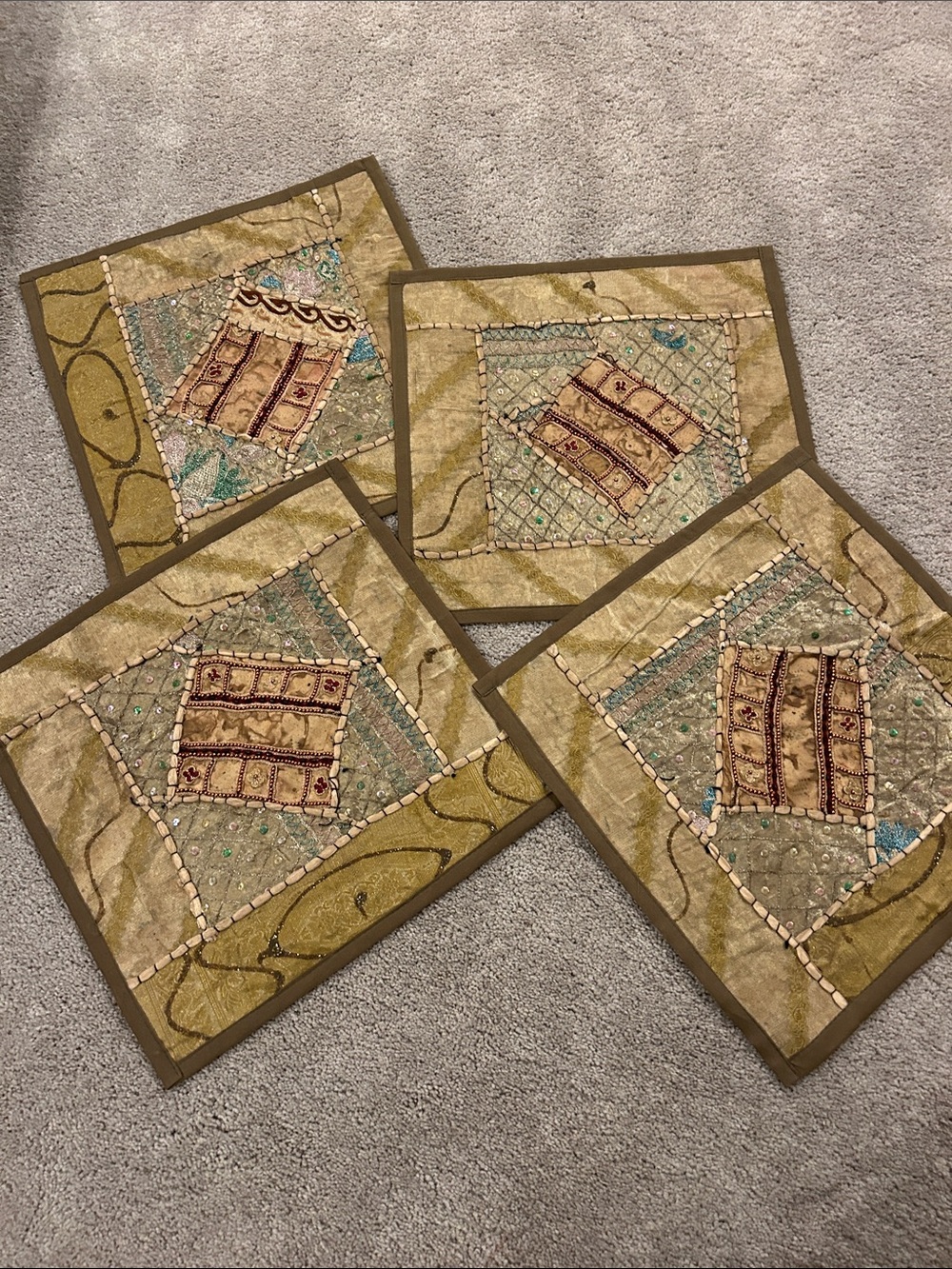 Set a four handmade Embroidered Patchwork Accent Pillows in Gold and Tan